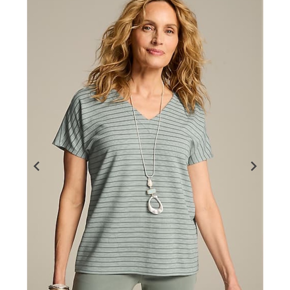 NWT J. JILL Wearever Textured Button-Back English Ivy Cream Striped Top - Picture 2 of 10